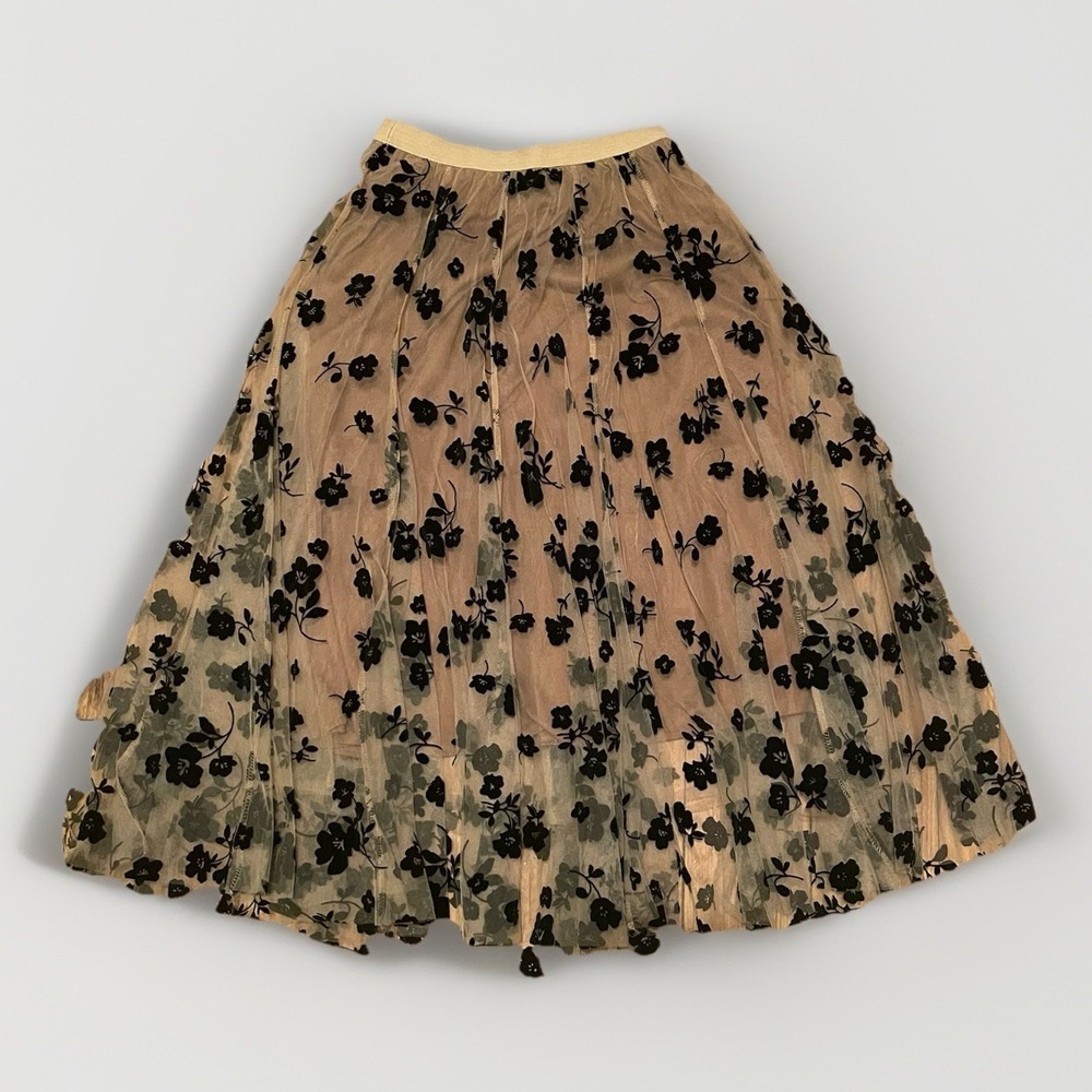 Romantic Coquette Tan/Black Floral Tulle Midi Skirt Small Black A-Line Holiday